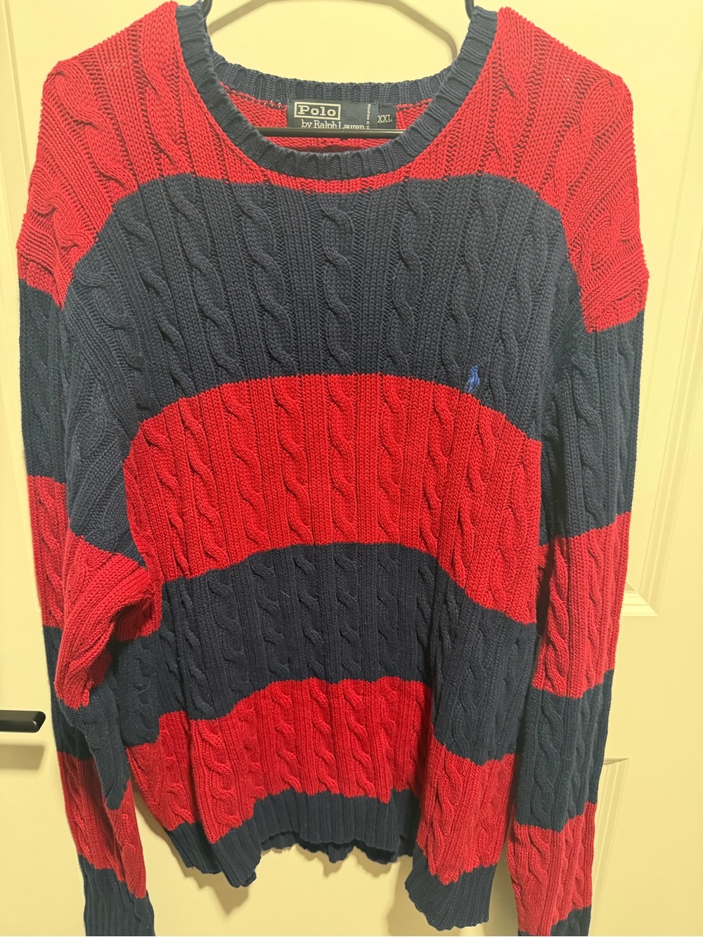 Ralph Lauren Polo Striped Cable-Knit Crewneck Sweater in Red and Navy